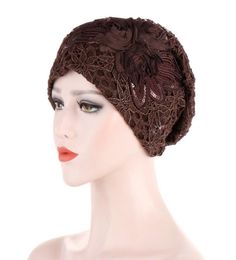 BeanieSkull Caps 2021 Fashion Women Lace Flower Beautifull Turban Bonnet Muslim Under Scarf Hijab Cap Full Cover Islamic Wrap Hea4868991