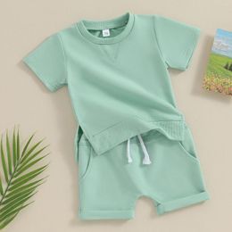 Clothing Sets Solid Color Summer Baby Boy Girls Soft Casual Toddler Outfits Short Sleeve Side Slit Tops Elastic Waist Shorts Kids Set