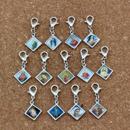 100pcs lots Mixed Enamel square Jesus Christ Icon Religious Charms Bead with Lobster clasp Fit Charm Bracelet DIY Jewelry 13 2x30m283m