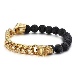 Punk Volcanic Stones With Gold Colour Stainless Steel Skull Bracelets Bangles Curb Cuban Link Chain Bracelet Man Wristband213E