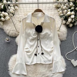 Women's Blouses Chic Elegant Three-dimensional Floral Chain Flare Long Sleeve Slim Top Vintage Korean Fairy Autumn Women Clothing