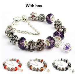 8 Colours 18 19 20 21CM Charm Bracelet 925 Plated Bracelets Royal Crown Accessories Purple Crystal Bead DIY Wedding Jewellery With Bo286S