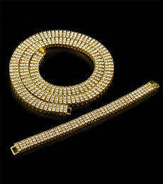 Whos3 Row Simulated Diamond Bling Tennis Chain Necklace and 8inch bracelet Set Mens Gold Silver Plated Iced Out Hip Hop Jewel6851723