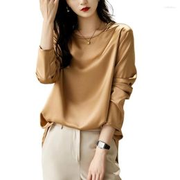 Women's Blouses Simple O-Neck Long Sleeves Satin Shirt Casual Loose Fashion Woman Clothing 2023 Design Side Split Female Work Wear Top