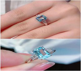 Cluster Rings Fashion Blue Crystal Aquamarine Topaz Gemstones Diamonds For Women White Gold Silver Colour Jewellery Bague Bijoux Gift9645243
