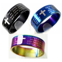 Whole 25pcs English Lords Prayer Cross Stainless Steel Rings Mens Jewellery Lots214b