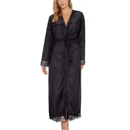 Women's Sleepwear Women Sexy Silk Lace Long Bathrobe Patchwork Sleeve V Neck Up Loose Nightwear Slip Comfortable Loungewear