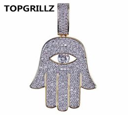 TOPGRILLZ Hip Hop Fatima Hand Eye Pendant Necklace Gold Colour Plated Micro Pave Cubic Zirconia Choker For Men Women Three Chains2238527