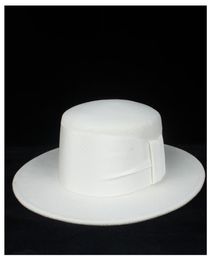 100 Wool Women White Flat Top Hat With White Ribbon Fedora Hat Wide Brim Fascinator Size 5658CM6609963