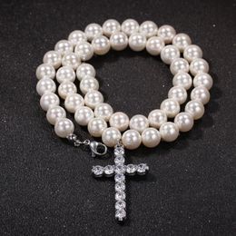 Fashion Mens Pearl Beaded Necklace Hip Hop Jewellery Iced Out Cross Pendant Necklaces 8mm 10mm227o