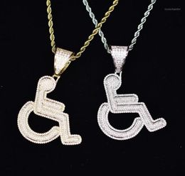 Pendant Necklaces Iced Out Disabled Wheelchair Logo Necklace Gold Silver Colour Bling CZ Crystal Hip Hop Rapper Chain For Men Women1162617