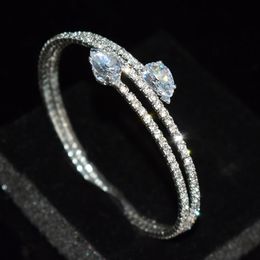 2 Rows Heart Shaped Zircon Bracelet Wedding Bridal Elegent Bangle Crystal Cuff Women Party Fashion Jewellery 231226