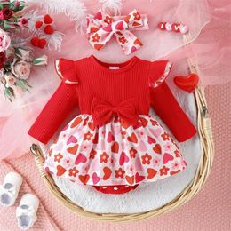 Clothing Sets Valentines Day Born Baby Girls Clothes Spring Long Sleeve Crew Neck Heart Flower Print Romper With Hairband 2pcs Set Outfits