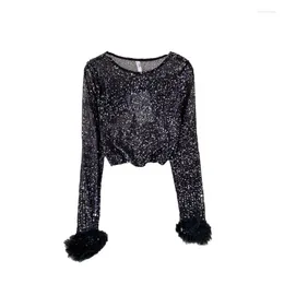 Women's T Shirts VANOVICH Spring And Autumn European American Fashion Sexy Stitching O-neck Loose Shiny Sequined Casual Short Tops