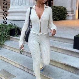 Rompers Womens Jumpsuits Rompers BOOFEENAA Button Ribbed Knitted Jumpsuit Two Piece Set Fall Winter Clothes Sexy White Long Sleeve Bodycon