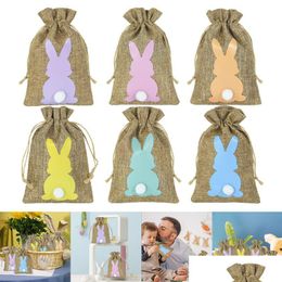 Decorative Flowers & Wreaths 24Pcs/Lot Easter Bunny Burlap Candy Bags With Dstring Rabbit Linen Storage Party Favours Decoration Gift P Otmku