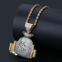 Hip Hop US Money Bag Stack Cash Coins Pendant Necklaces 18K Gold Iced Out Bling Cubic Zircon Necklaces Men Charm Jewellery Gifts305r