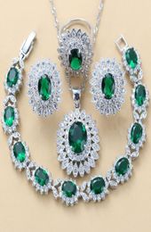 luxurious Dubai Bridal Silver 925 Brial Jewellery Sets Green Cubic Zircon Earrings Necklace Bracelet And Ring Sets 2202107871814