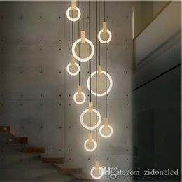 Contemporary Wood LED Chandelier Lighting Acrylic Rings Led Droplighs Stair Lighting 3 5 6 7 10 Rings Indoor Lighting Fixture252b