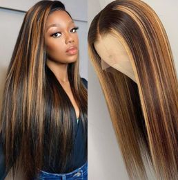 Highlight Brown Mixed Blonde Brazilian Wigs Straight Human Hair Machine made Synthetic Ombre Lace Frontal Wig4765827