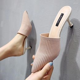 Slippers Pointed Toe Knitted Women Thin High Heels Summer Shoes Stretch Fabric Flip Flops Woman Slides Mules Pantoufle 2023 Y964