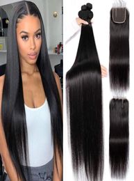 30 32 34 36 38 40 inch Brazilian Straight Human Hair Weaves Extensions 4 Bundles with Closure Middle 3 Part Double Weft Dyeab6059184