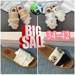 Designer slides CH Sandles womens woody sandals fluffy flat mule slide beige white pink lace lettering canvas fuzzy fur slippers EUR 34-42 shoes