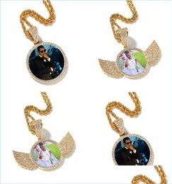 Pendant Necklaces Hip Hop Iced Out Custom Picture Pendant Necklace Rope Chain Charm Round With Shiny Wings Copper Zircon Jewellery M4112254