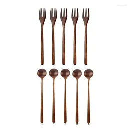 Forks Wooden 5 Pieces Japanese Wood Salad Dinner Fork & Long Spoons Korean Style 10.9 Inches