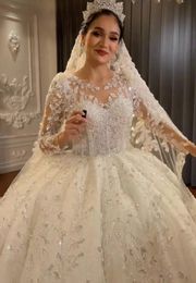 Luxurious Arabic Dubai Wedding Dress 2024 Illusion Neck Long Sleeves Crystals Beading Ball Gown Bridal Gown Vestido De Noivas Robe De Mariage Customed