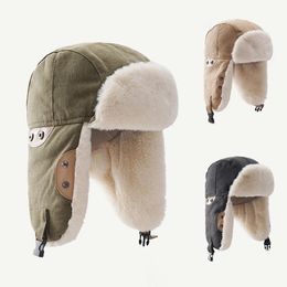Winter Earflap Bomber Hats Cotton Lamb Hair Ear Protectors Russian Hat Plush Thicken Windproof Mountaineering Ski Snow Pilot Cap 231225