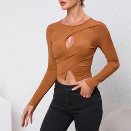 Women's T Shirts O Neck Long Sleeve Cut Out Knit Crop Top T-Shirt Women Fashion Casual Front Twist Wrap Around Thin Tee Shirt Female