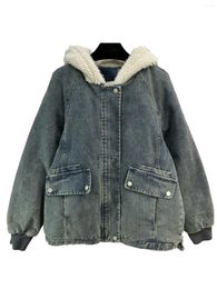 Women's Jackets Denim Jacket Hooded Short Loose Fit Splicing Lamb Wool Hat Design Warm And Cosy 2023 Winter 1108