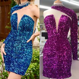 Ombre Purple Cocktail Party Dress 2k24 Detachable Collar with Sleeve Babydoll Junior Lady Pageant Winter Formal Event Hoco Gala Graduation NYE Gown Sequin Velvet