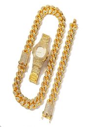 3pcs Mens Hip Hop Iced Out Bling Chain Necklace Bracelets Diamond Watch Cuban Link Chains Necklaces Hiphop Jewelry5807378