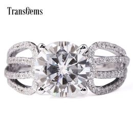 TransGems 3 Carat Lab Grown Moissanite Diamond Engagement Ring Lab Diamond Accents Solid 14K White Gold Women Wedding Band Y200620280T