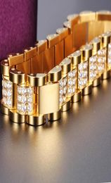 Micro Paved Cubic Zirconia Bling Iced Out Gold Stainless Steel Watch Band Link Men Hip Hop Rapper JewelryLink Chain3111686