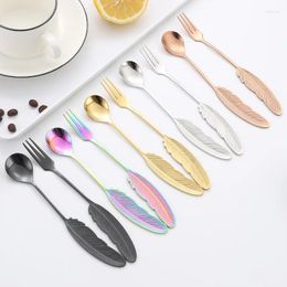 Flatware Sets 100Set/Lot Stainless Steel Feather Spoon Fork Set Coffee Cake Dessert Teaspoon Fruit Wedding Gift Kitchen Utensils