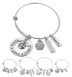 Love Inspire Teach White Crystal Apple Ruler Bracelet Stainless Steel Pendant Bangle Jewellery Gift Teacher Friend DLH2046075498