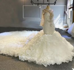 2024 Arabic Aso Ebi Luxurious Mermaid Wedding Dress O-neck Beaded Crystals Illusion Long Sleeves Lace Appliques Bridal Gowns Dresses Vestidos De Novia Customed