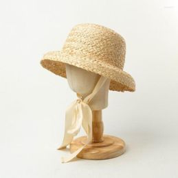 Hats X239 Children Straw Raffia Sun Hat Handwoven Lafite Retro Flat Top Folding Brim For Boys And Girls Travel Cap4959939