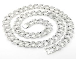 14K White Solid Fine Gold FINISH Iced Out CUBAN Miami Chain Link Micro Pave Lab Diamond Necklace Long 30INCH 15MM Wide3069737