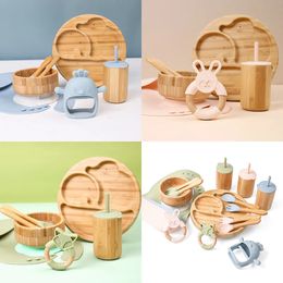 7pcs Bamboo Wooden Dinosaur Dinner Plates Children Tableware Feeding Supplies Suction Bowls A Free Infant Baby Set y231225