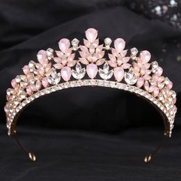 Hair Clips Pink Opal Crystal Wedding Crown Princess Rhinestone Pageant Diadem Party Headdress Bridal Jewelry Tiaras Accessories