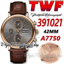 TWF 42MM Mens Watch tw391021 Cal 79320 A7750 Chronograph Automatic Grey Dial Stick Markers 18K Rose Gold Case Leather Strap Super 254I