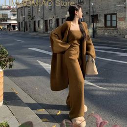 Women's Pants European Designer Coffee Fluffy Three Piece Sets Women Off Shoulder Cape Outerwear And Long Ladies 3 Suit