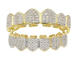 Hip Hop Iced Out CZ Gold Teeth Grillz Caps Top Bottom Diamond Teeth Grillzs Set Men Women Grills2740597