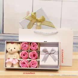Favor Romantic Rose Soap Flower With Bear Doll Jewelry Box 6 Rose 1 Bear 1 Box Valentine Day Wedding Birthday Mother's Day Party Gift BC