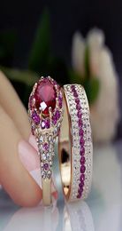 Wedding Rings Vintage Rose Gold Engagement Ring Set Female Fashion Round Crystal Luxury Bridal Red Zircon Stone For Women6387538