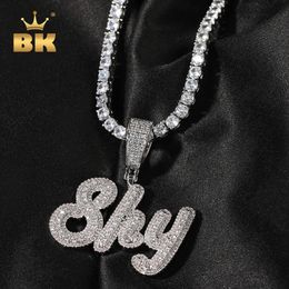 THE BLING KING Custom Small Size Brush Script Letter Two Tone Pendant Micro Paved Baguettecz Chain Necklace Hiphop Jewelry 231225